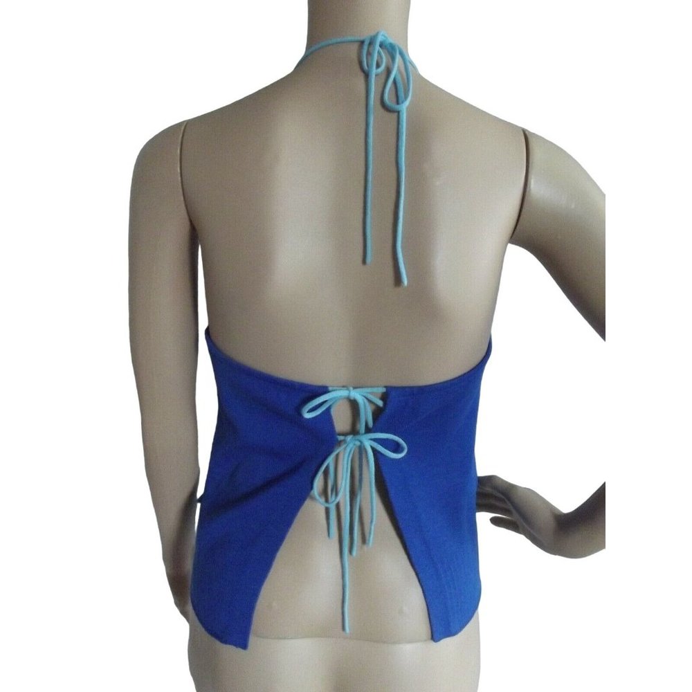 Womens Large Royal Blue & Turquoise Aqua Sleeveless Halter Sweater Top tank l